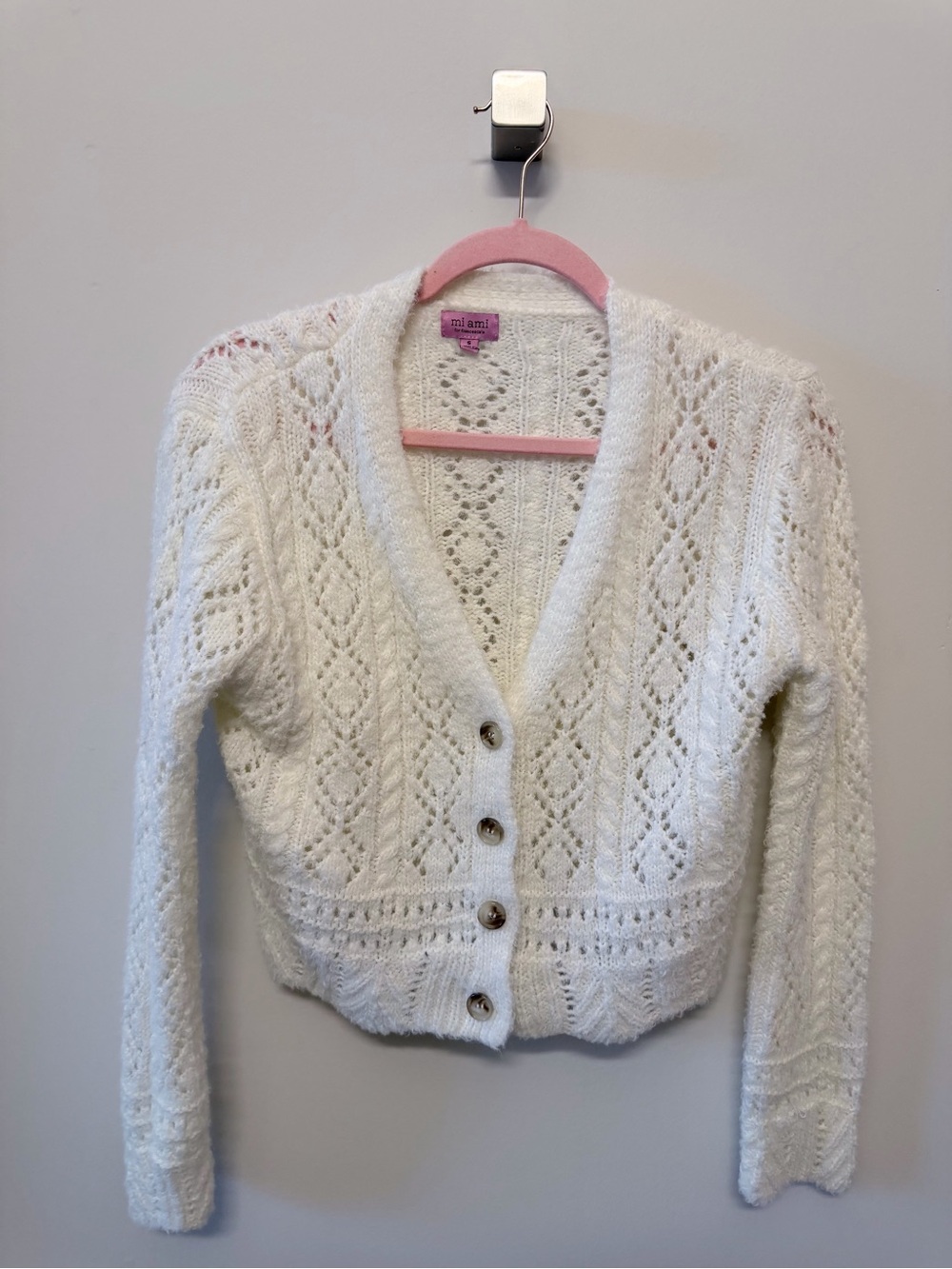 Mi Ami Cream Pointelle Knit Cropped Cardigan